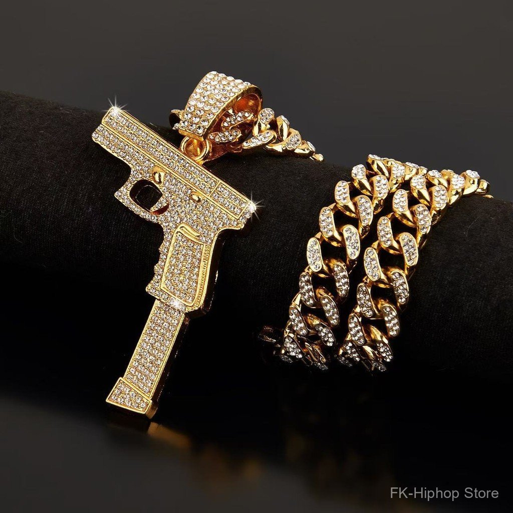 Novo Colar Com Pingente Em Forma De Arma Cravejado De Diamantes, AcessóRio De Joalheria Estilo Hip-Hop Com Corrente Cuba