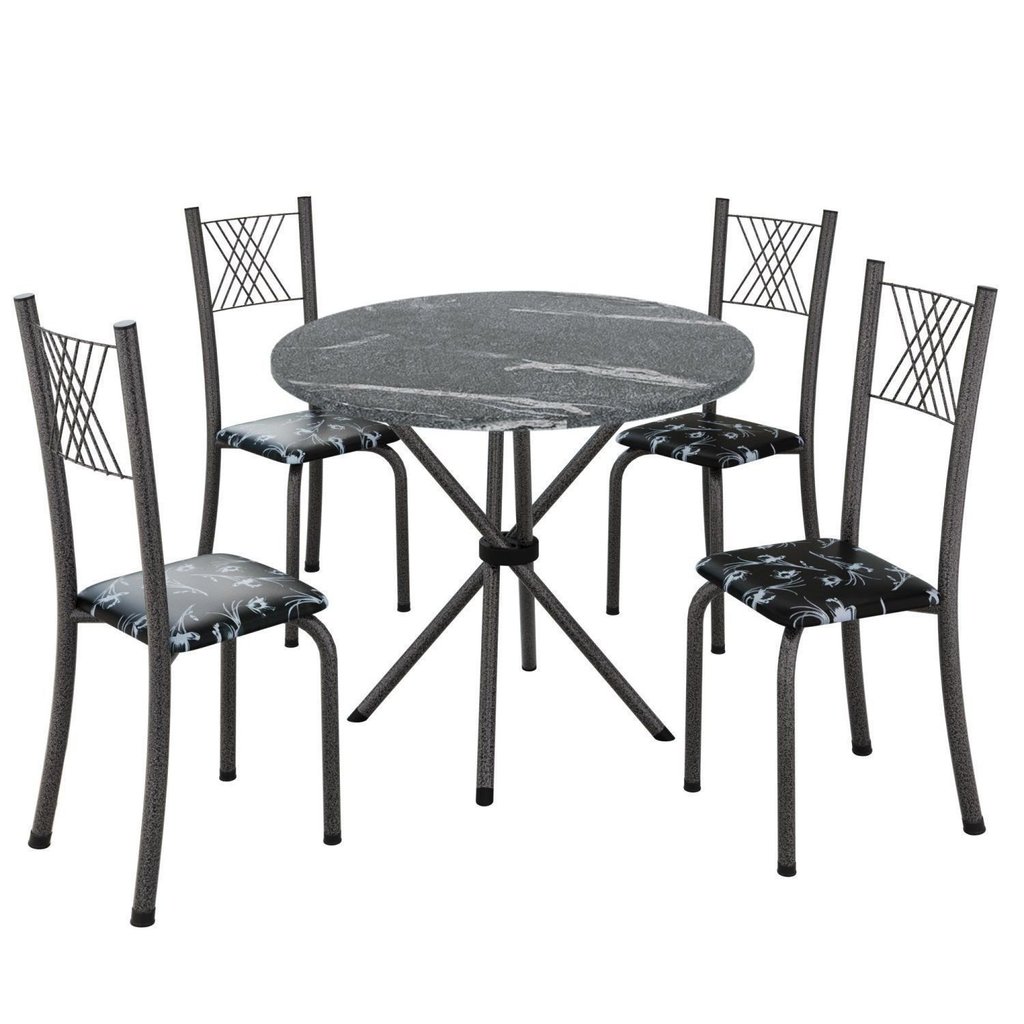 Conjunto de Jantar Mesa Tampo Redondo de Granito Topázio com 4 Cadeiras Sara Yescasa Prata/Preto Floral/Mart Preto