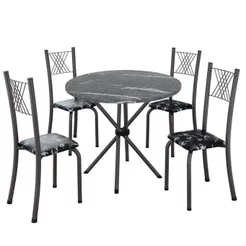 Conjunto de Jantar Mesa Tampo Redondo de Granito Topázio com 4 Cadeiras Sara Yescasa Prata/Preto Floral/Mart Preto