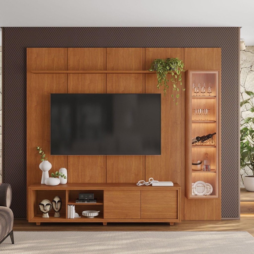 Rack e Painel para Tv até 75 Polegadas 232cm X 250cm com Cristaleira Led 100% Mdf Delux Marrom Naturalle Naturalle