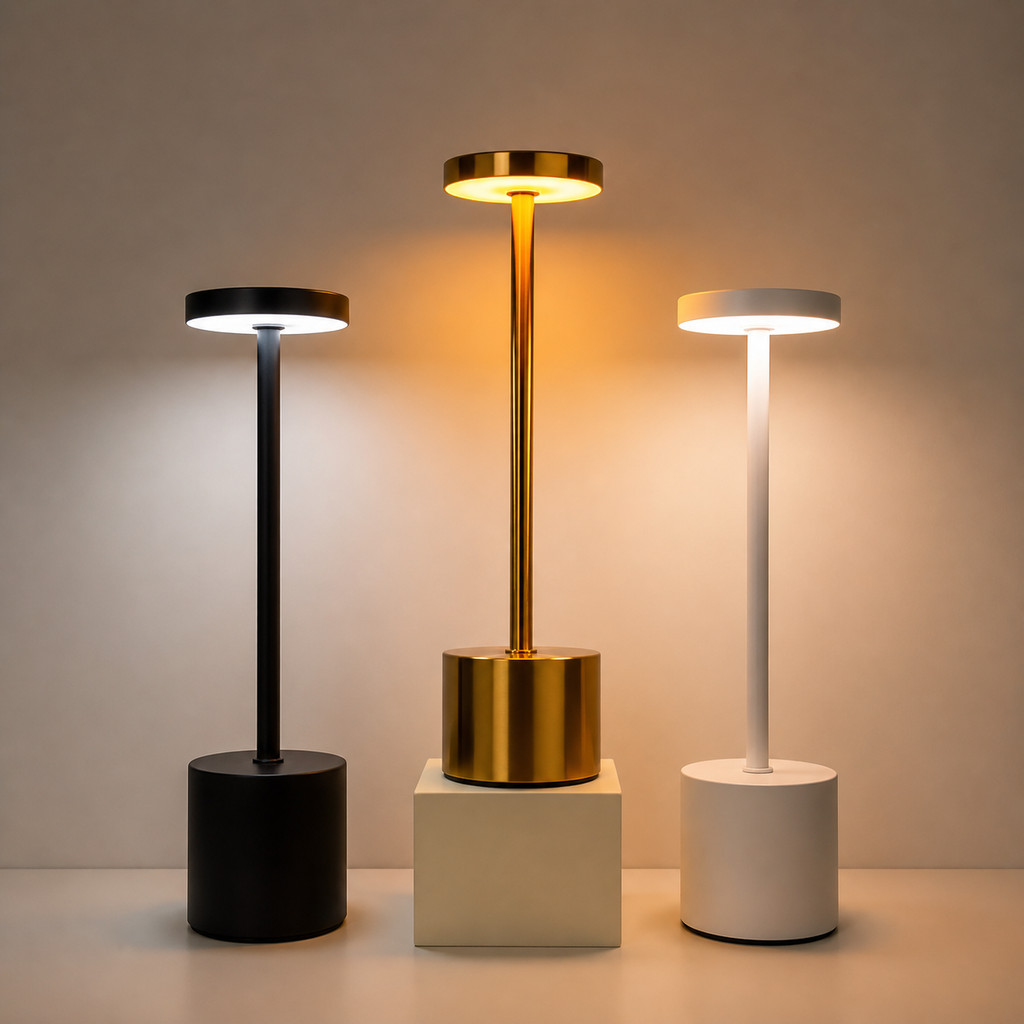 Abajur LED Touch 3 Tons Dourado Luminária Sem Fio Recarregável Luxuosa de Mesa