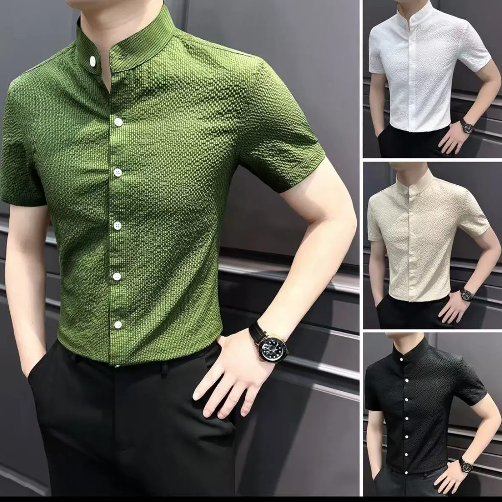 Seersucker gola camisa de manga curta masculina verão chinês negócios Casual camisa masculina