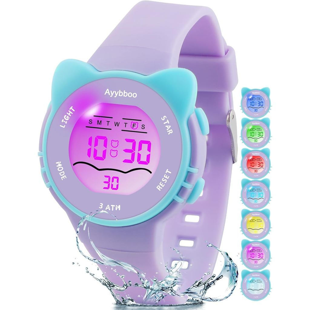 Relógio Digital Analógico Infantil, Adequado para Meninas e Meninos, 7 Cores de Luz, À Prova d'Água, Relógio de Pulso Fo