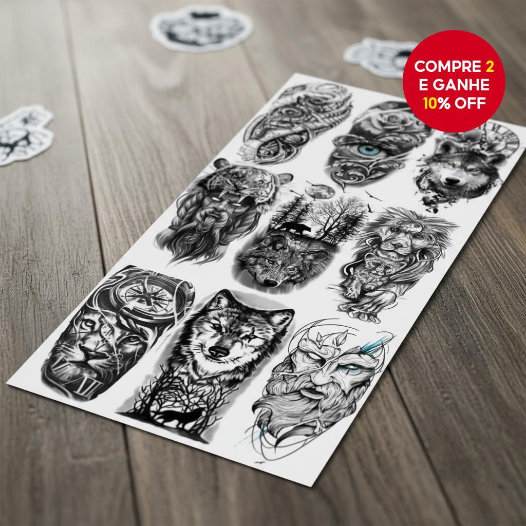  Adesivos de Tatuagem Temporária à Prova d'Água com Design de Animais para Homens e Mulheres Leão, Tigre, Lobo