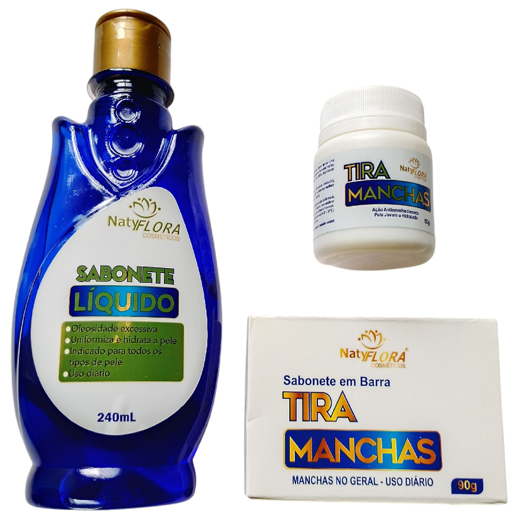 Kit NatyFlora Tira Manchas – Pomada 50g + Sabonete Líquido 240ml + Barra Clareadora 90g