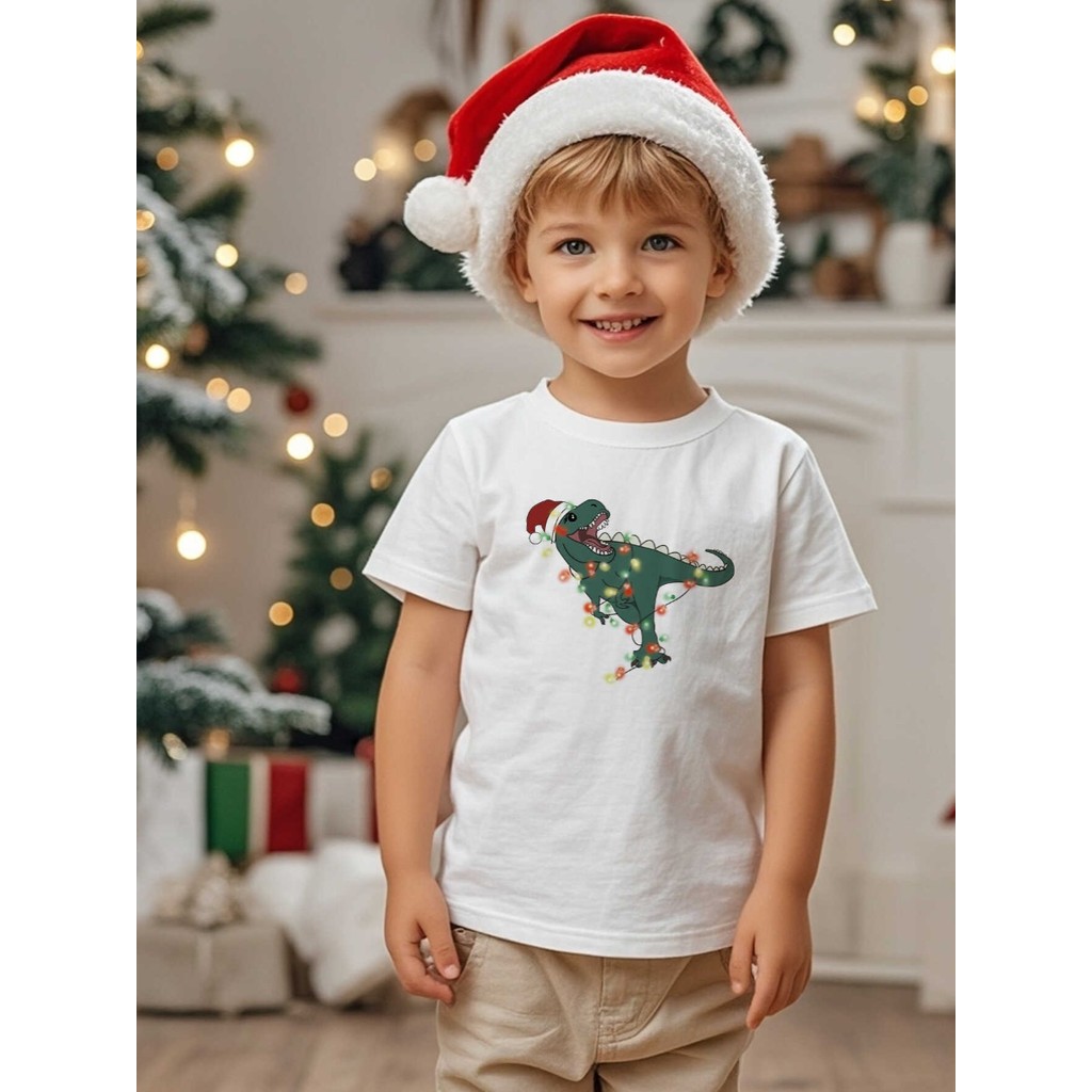 Natal crianças camiseta meninos de manga curta puro algodão dinossauro impressão roupas infantis bebê menina topos 2025 