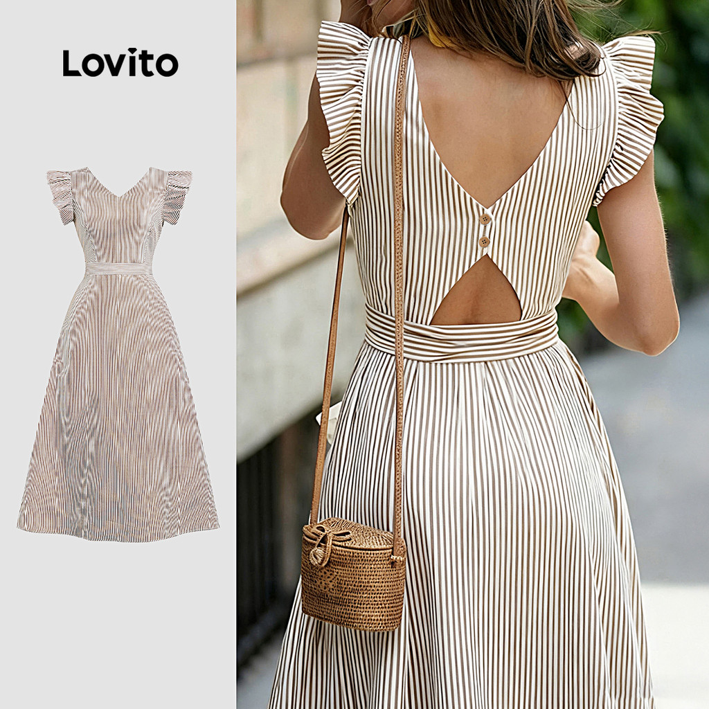 Lovito Vestido Casual com Recorte e Botão Primavera/verão Marrom para Mulheres L164LD098 em Oferta na Shopee