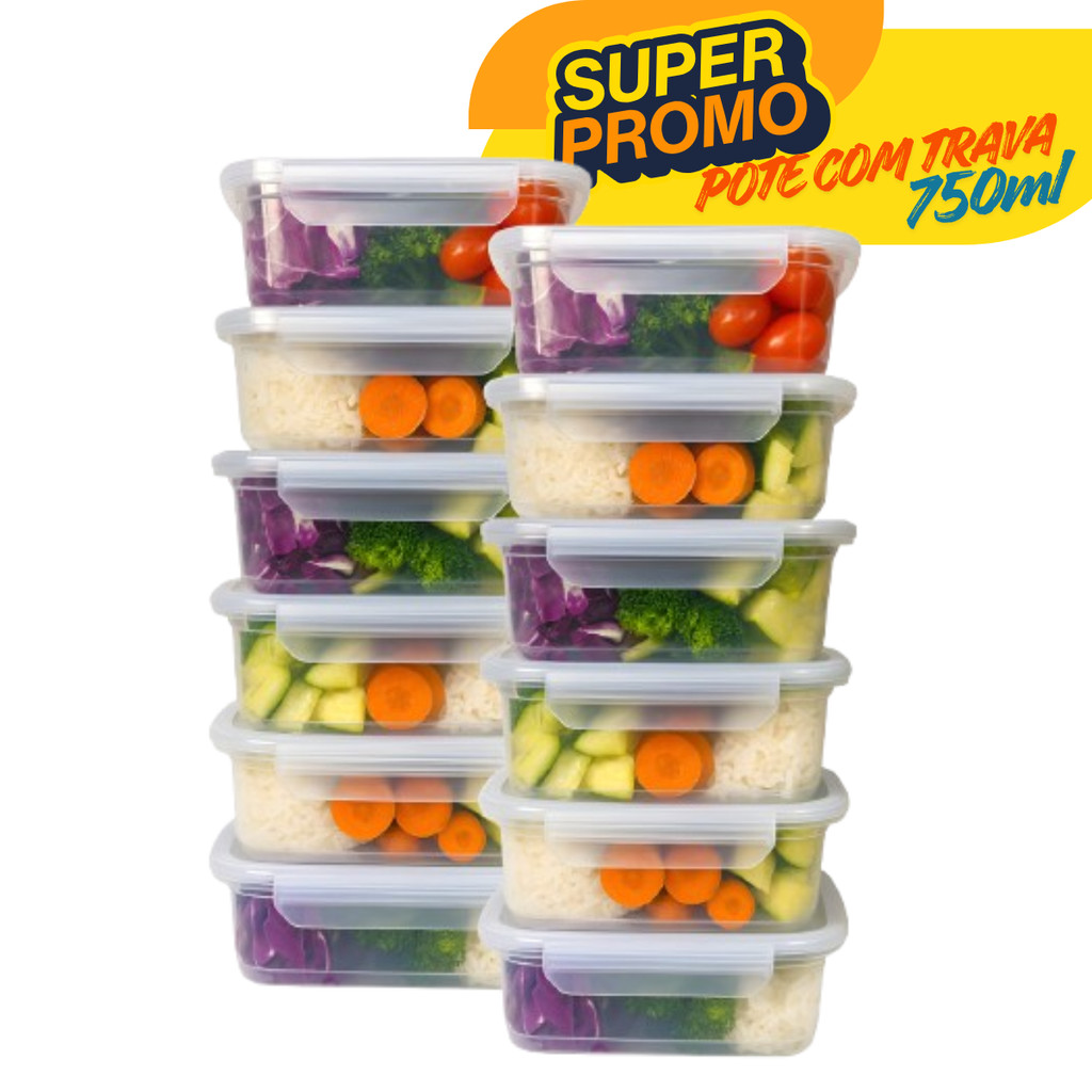 Kit Marmita fitness Potes 750ml Travas Laterais Reutilizável --> BPA FREE organizadores de alimentos vasilhas em Oferta na Shopee