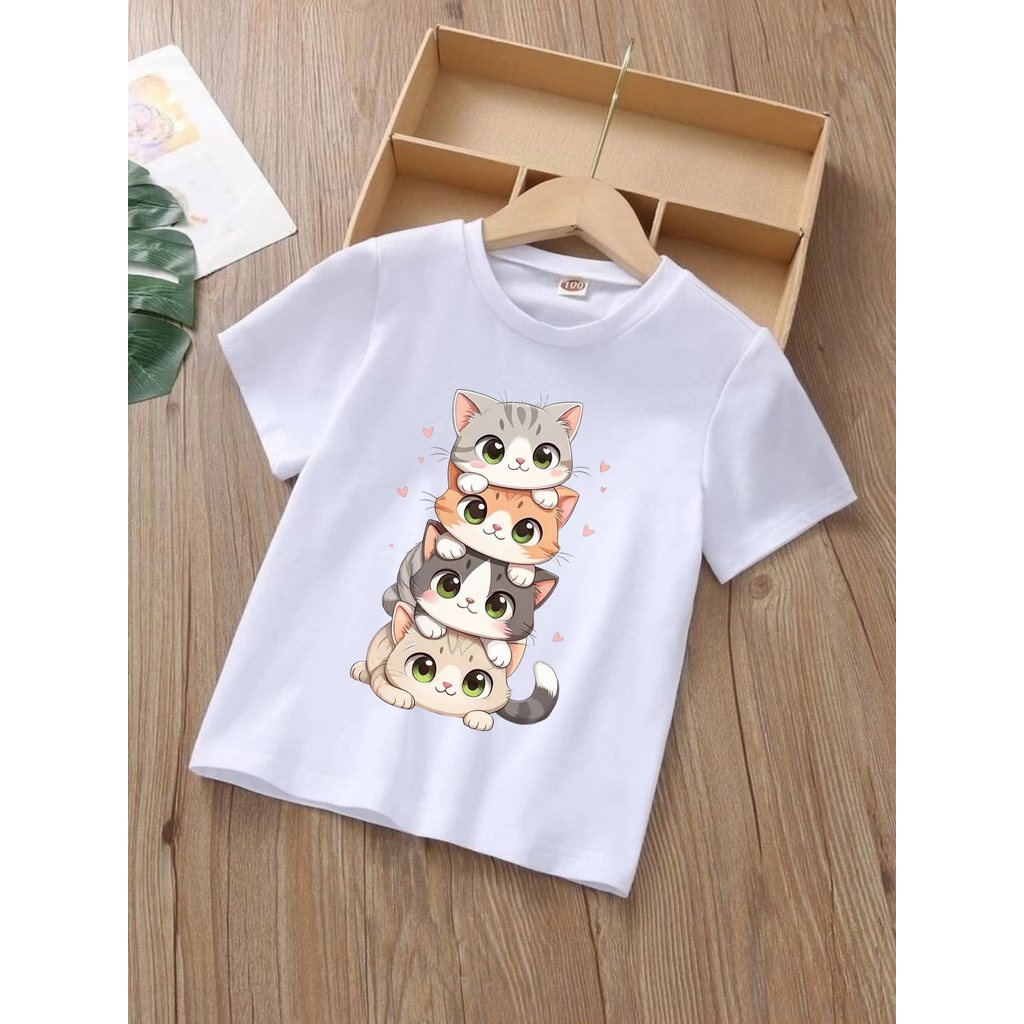Camiseta Infantil Gatinhos Gatos Camisa 100% Algodão Blusinha Kids Para Crianças e Adolescentes