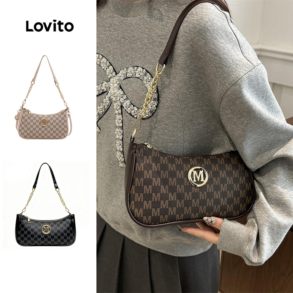 Lovito Casual logotipo de Metal liso pequena bolsa de ombro para mulher LFA67053 em Oferta na Shopee