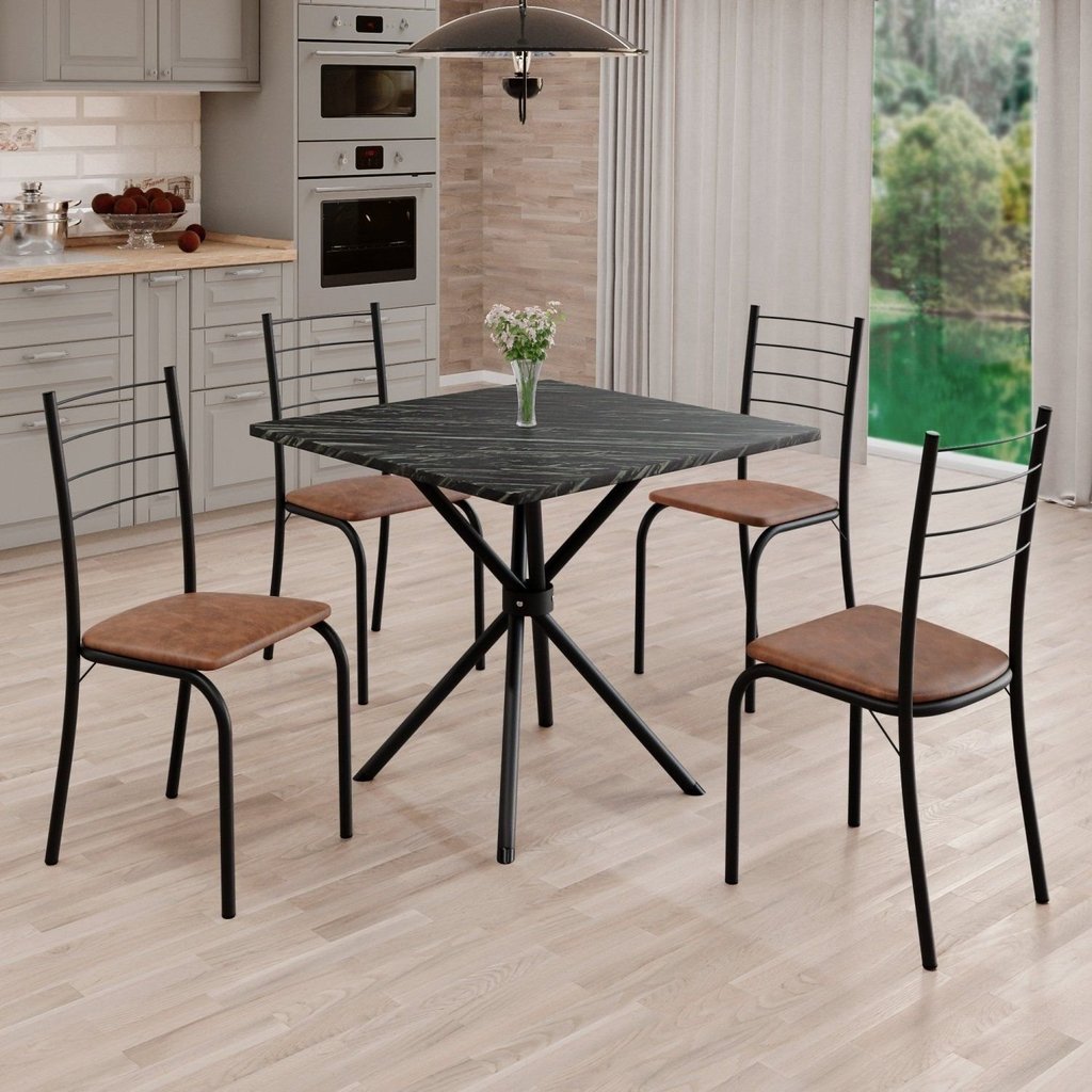 Conjunto Sala de Jantar Mesa Quadrada 70x70cm Tampo Madeira Mdp Indiana 4 Cadeiras Rio Marrom/Preto Fosco