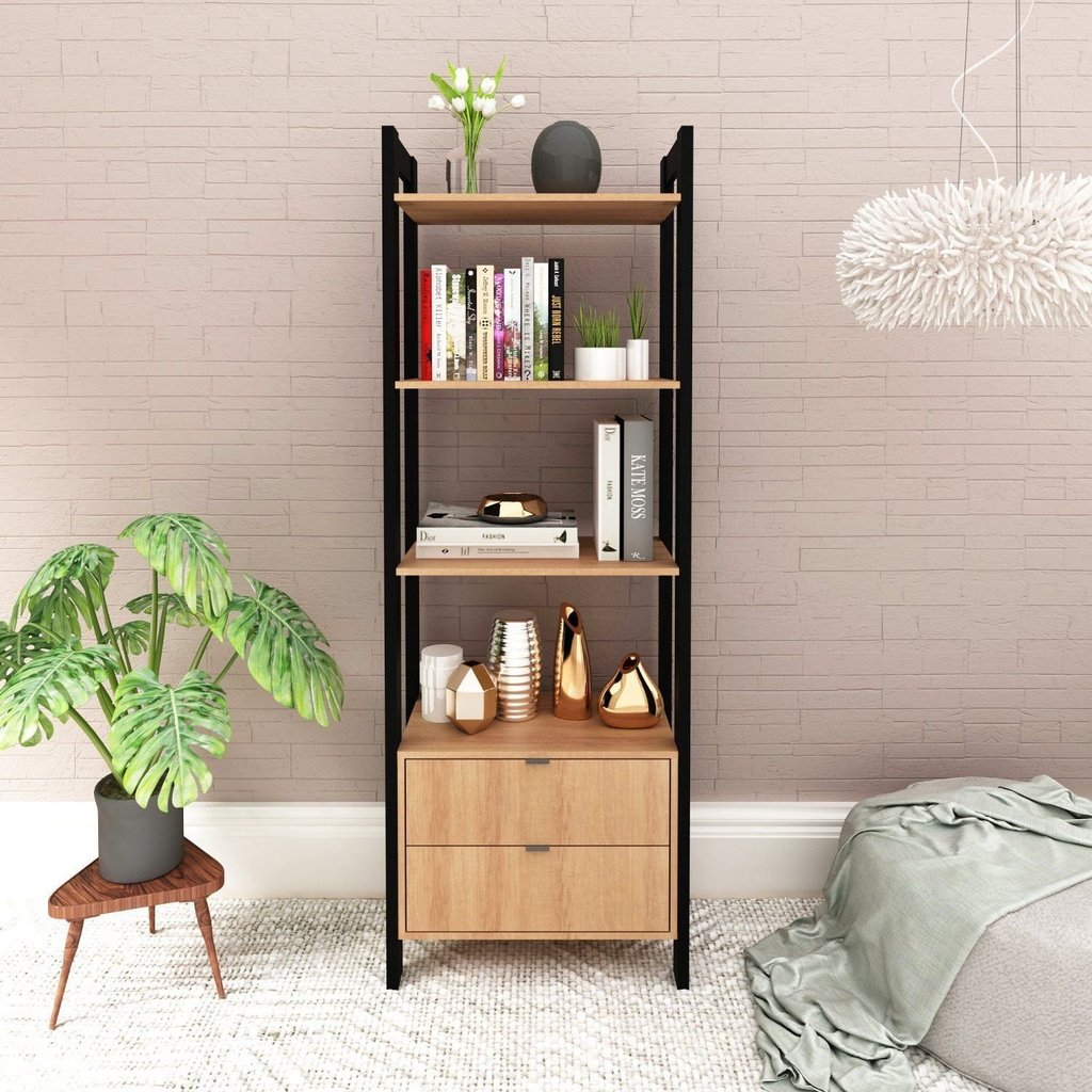 Estante de Livros 65CMX184,7cm 2 Gavetas Embaixo Haia Yescasa Laranja/Amêndoa/Preto Amêndoa/Preto