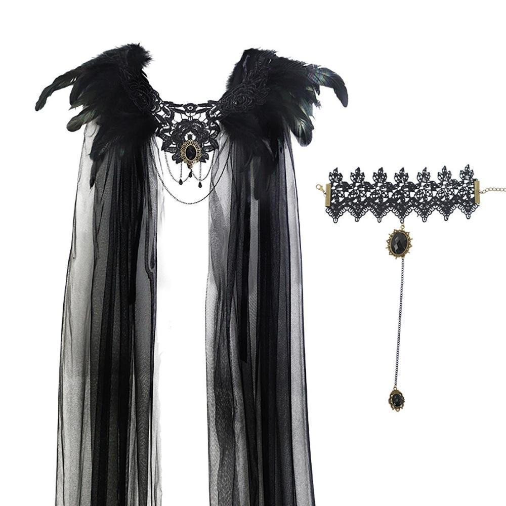 Xale De Penas Pretas , Renda Gótica , Envoltório Bordado , Autêntico , Acessório De Fantasia De Cosplay Para Festa De Ha — imagem 2 de 2
