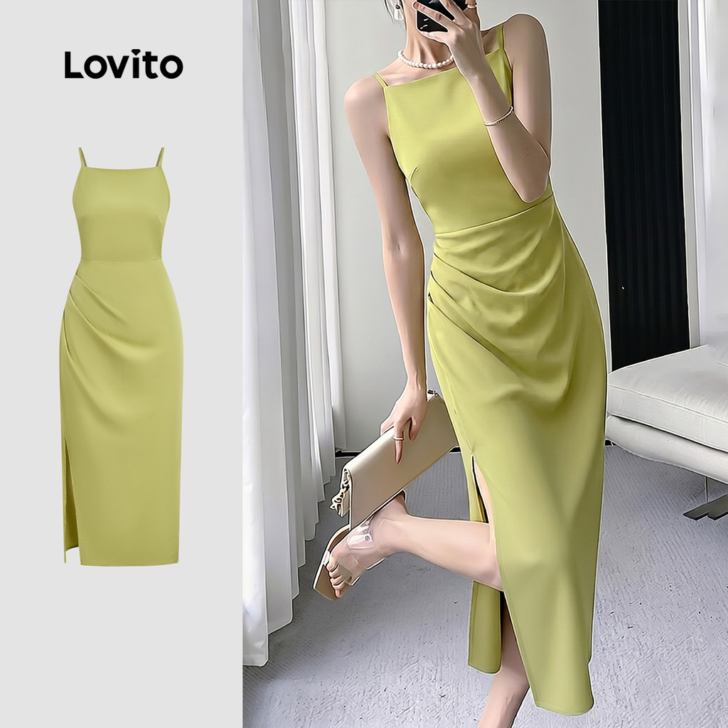 Lovito Vestido Feminino Casual com Pregas e Frente Dividida Verde Primavera/Verão LK4ED852