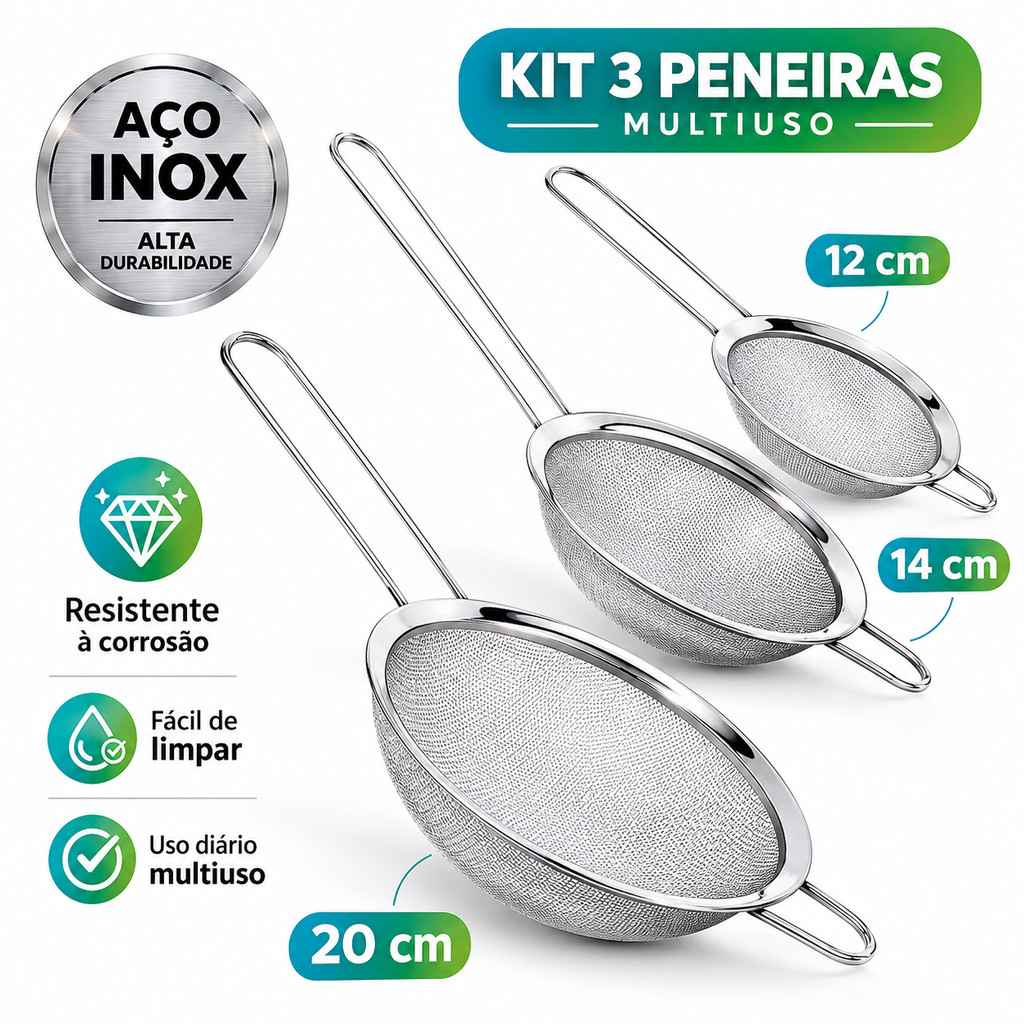 Kit Peneiras Aço Inox 12cm 14cm 20cm – Coador Manual Resistente Para Cozinha