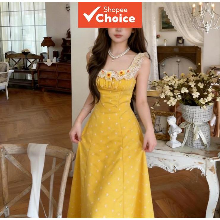 Vestido longo amarelo pastoril francês com suspensório, elegante vestido maxi floral 3D, traje de férias à beira-mar