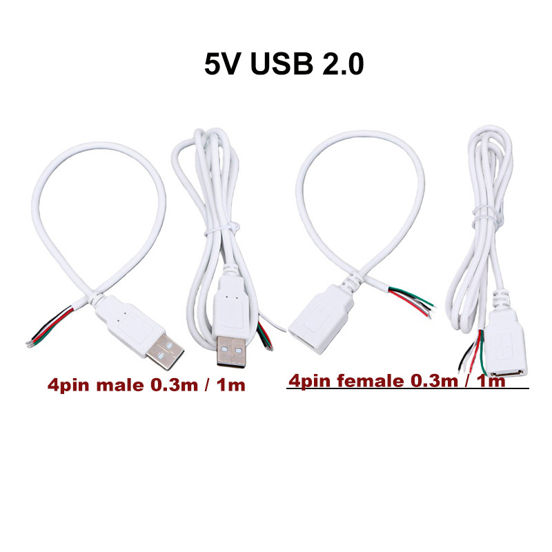 5V USB 2.0 Fêmea Macho 4Pin Fio Cabo De Alimentação Jack Conector De Extensão De Carregamento Branco 0.3m 1m Para Acessó
