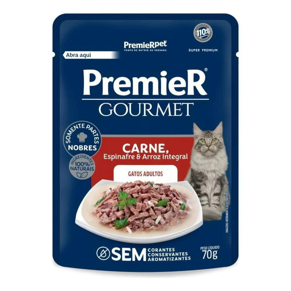 Ração Úmida para Gatos Adultos Castrados Carne, Espinafre e Arroz Integral Premier Gourmet 70G