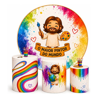Kit Decoração Capa Painel Redondo 150x150cm Mais Trio Capa Cilindro - Tema O Maior Pintor Do Mundo Lançamento Tecido