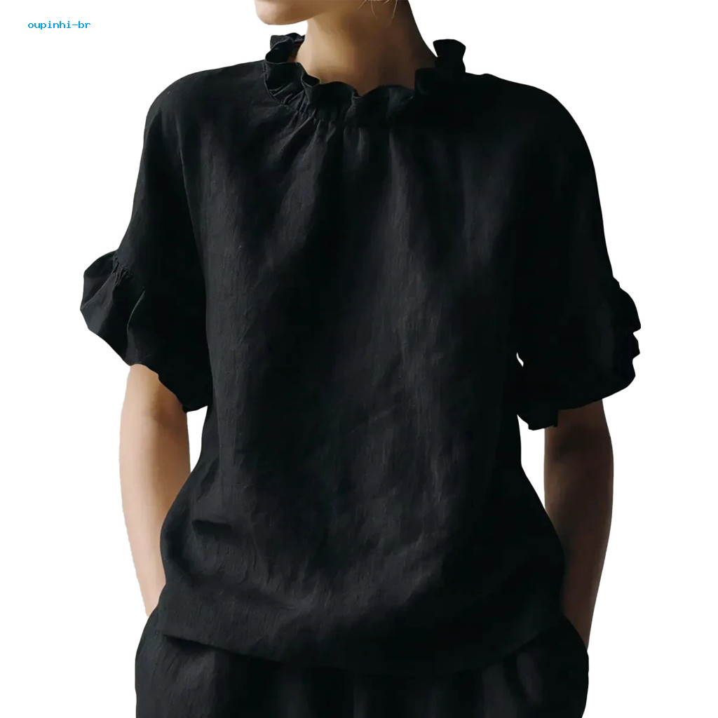 Women’s Summer Blouse Solid Color Loose Fit O-neck Short Sleeve Ruffle Splicing Pullover Top Casual Daily Wear Stylish