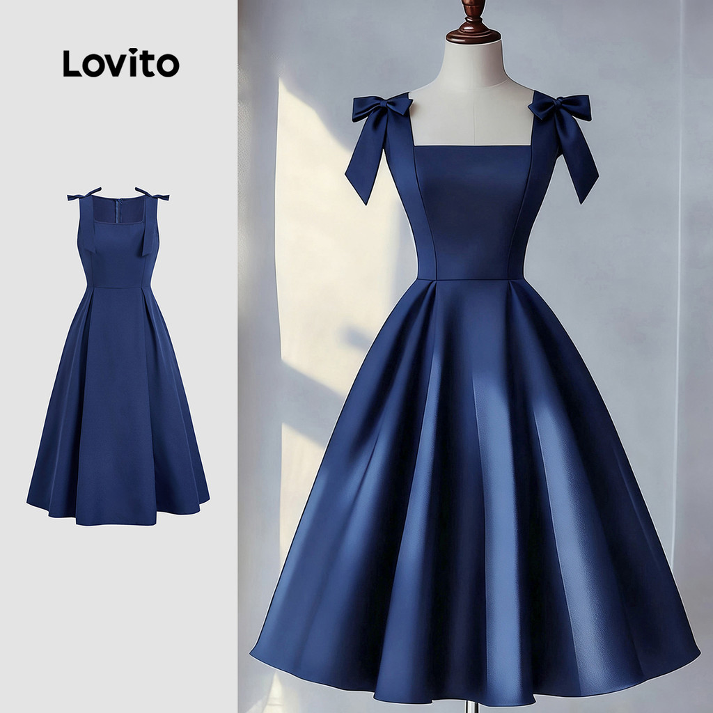 Lovito Vestido Elegante com Laço Primavera/verão Azul Marinho para Mulheres LBL31026