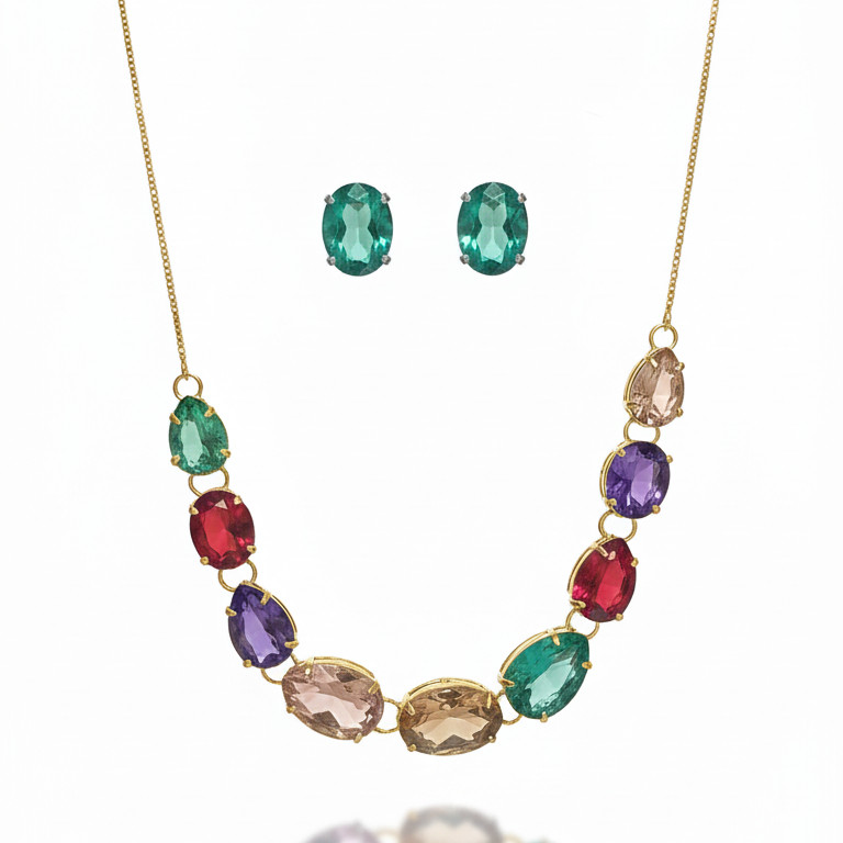 Conjunto de Colar e Brincos em Formato Oval Segmentado Zircônia | Feminino | Banhado Ouro 18K | Antialérgico | Semijoia