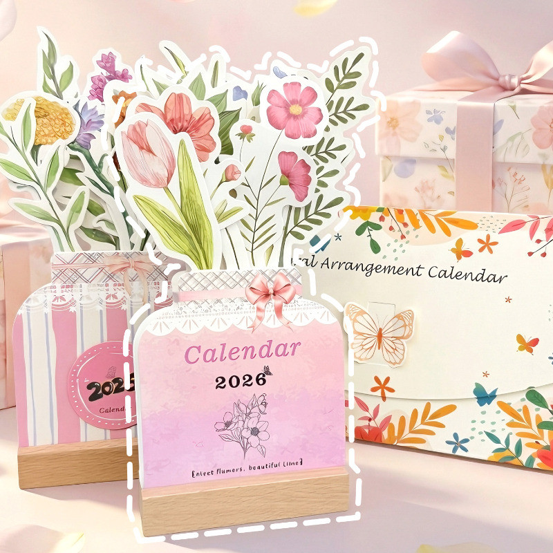 [Envio 24 Horas] Decoração De Mesa-Calendário Semelhante A Vaso De Flores 3d 2026 Com Suporte De Madeira-Moda , Desenho