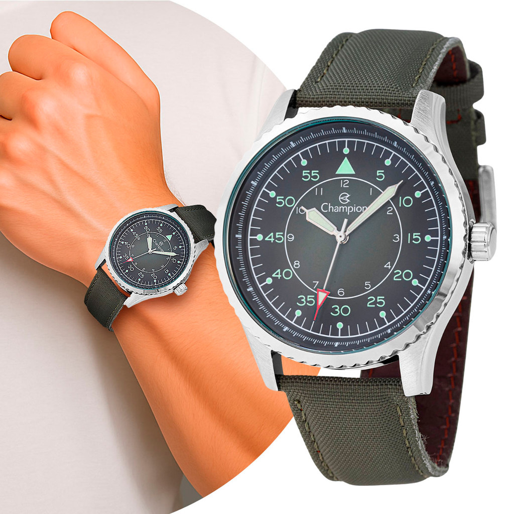 Relógio Masculino de Pulso com Pulseira de Nylon e Caixa de Aço Inoxidável Verde Militar Tático Champion Original