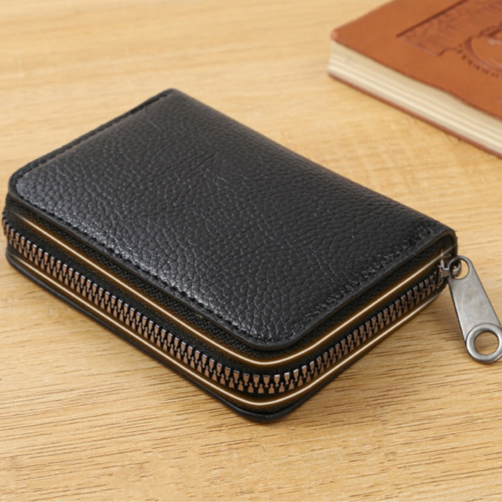 Carteira compacta feminina de couro com porta-cartões e bolsos elegantes, modelo 1002