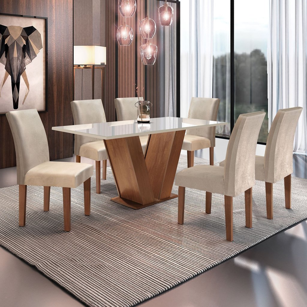 Conjunto Sala de Jantar Mesa Tampo de Vidro 6 Cadeiras Espanha Yescasa Chocolate/Off White/Suede Bege