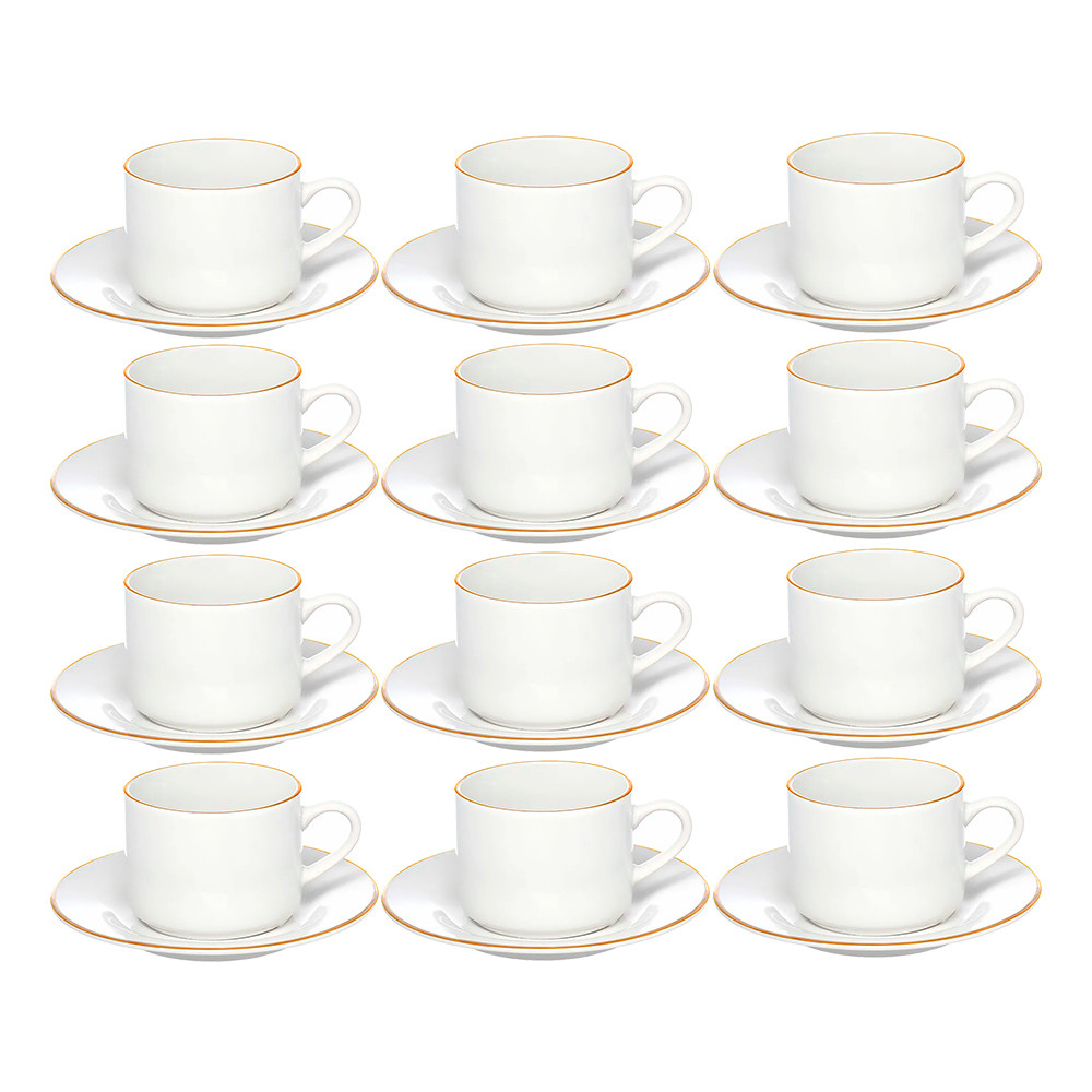 Jogo 12 Xícara de Chá Porcelana Borda Dourada com Pires Café Royal Premium 200ml Haüskraft