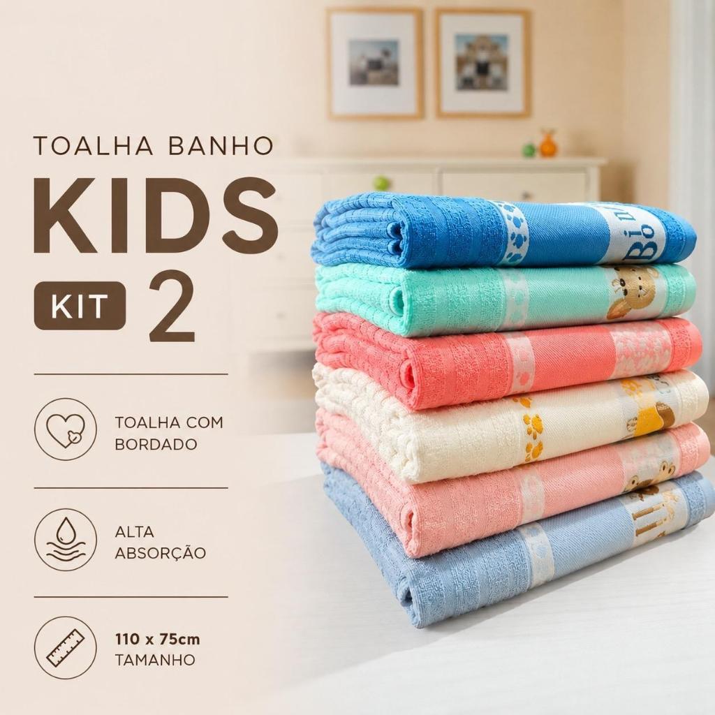 Kit 2 Toalha de Banho Infantil Kids Para Bordar Ponto Cruz 100% Algodão