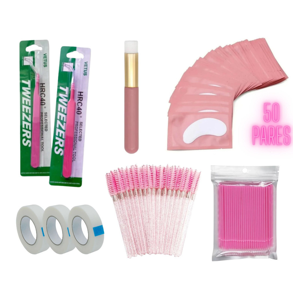 Kit 50 Escovinhas + 100 Microbrush + 1 Pinça Precisão Reta + 1 Pinça Precisão Curva + 50 Pads + 1 Pincel + 3 Micropore