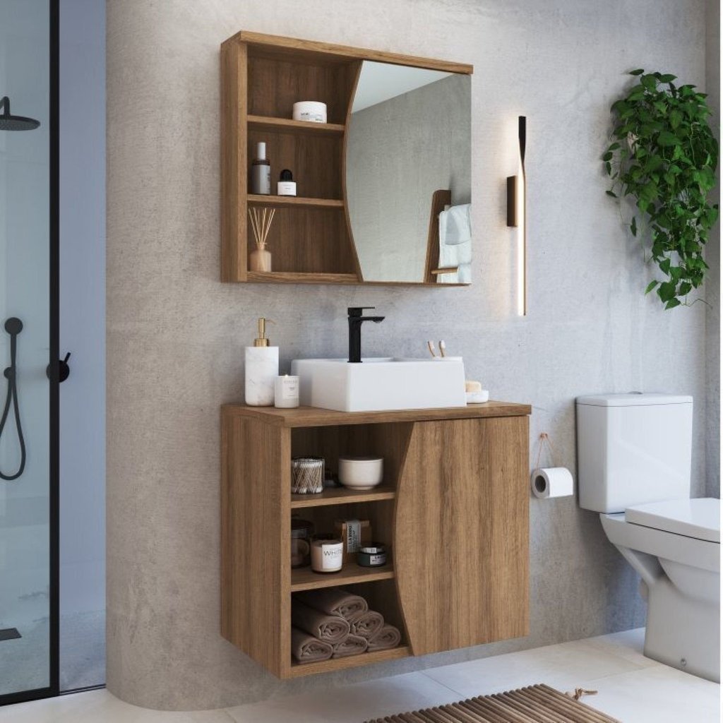 Conjunto para Banheiro Gabinete Supenso 70cm com Cuba e Espelheira 1 Porta 3 Nichos Laura Marrom/Mel