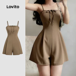 Lovito Curto Casual Delicado Nacional Macacão Feminino com Laço Primavera/verão Marrom L178ED471