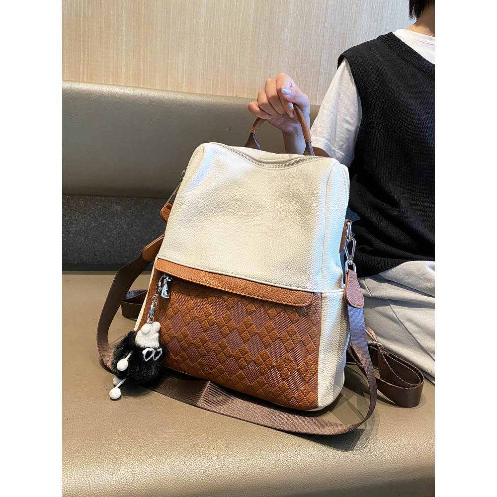 Estilo básico mochila atmosférica 2026 senhoras dupla utilização Casual saco de couro macio moda cor-bloqueio diamante e