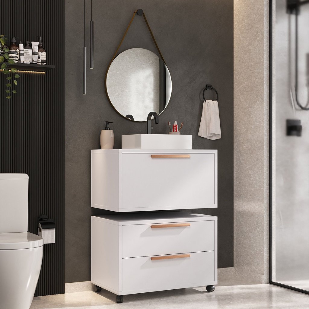 Conjunto Gabinete para Banheiro com Rodizio, com Cuba de sobrepor e Espelho Kyoto 60cm Branco