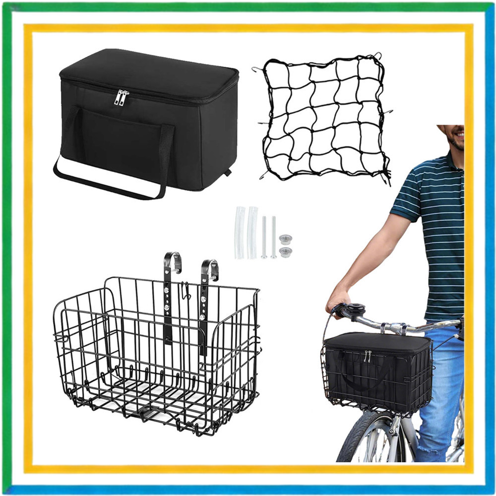 Cesta de bicicleta, bolso de rede, bolsa de forro removível, cesta traseira de bicicleta dobrável