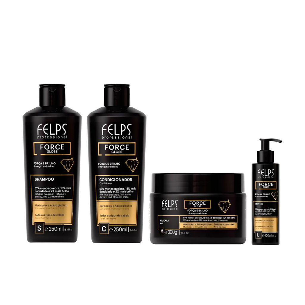 Kit Force Gloss ( Força e Brilho ) Shampoo 250ml + Cond 250ml + Máscara 300g + L