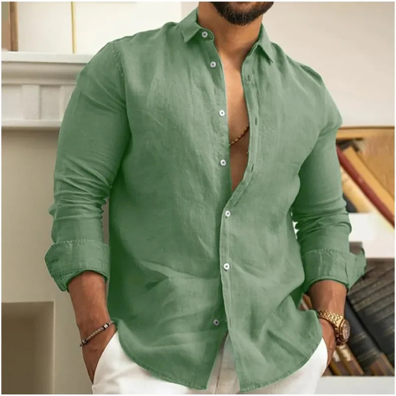 Camisa De Linho Masculina Com Botões , Verão Praia , Manga Comprida , Lapela Lisa , Primavera E , Roupas Casuais Diárias
