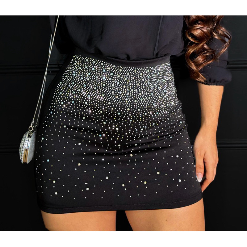 Saia Feminina Neoprene Preta Pedraria Strass Festa Brilho Modelo Glow Envio Imediato