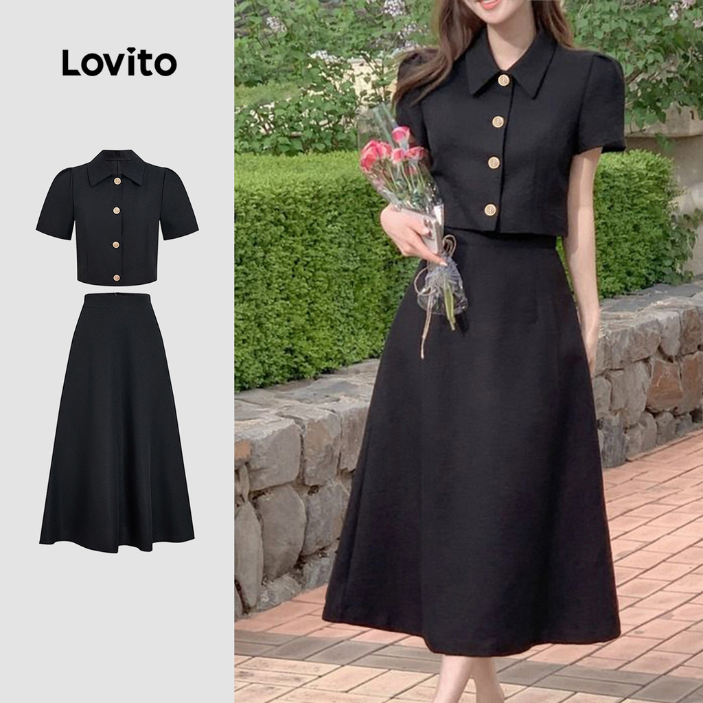 Lovito Tops Casuais ou Calças com Botões Na Frente para Primavera/verão Top Preto para mulheres L165ED1468 em Oferta na Shopee