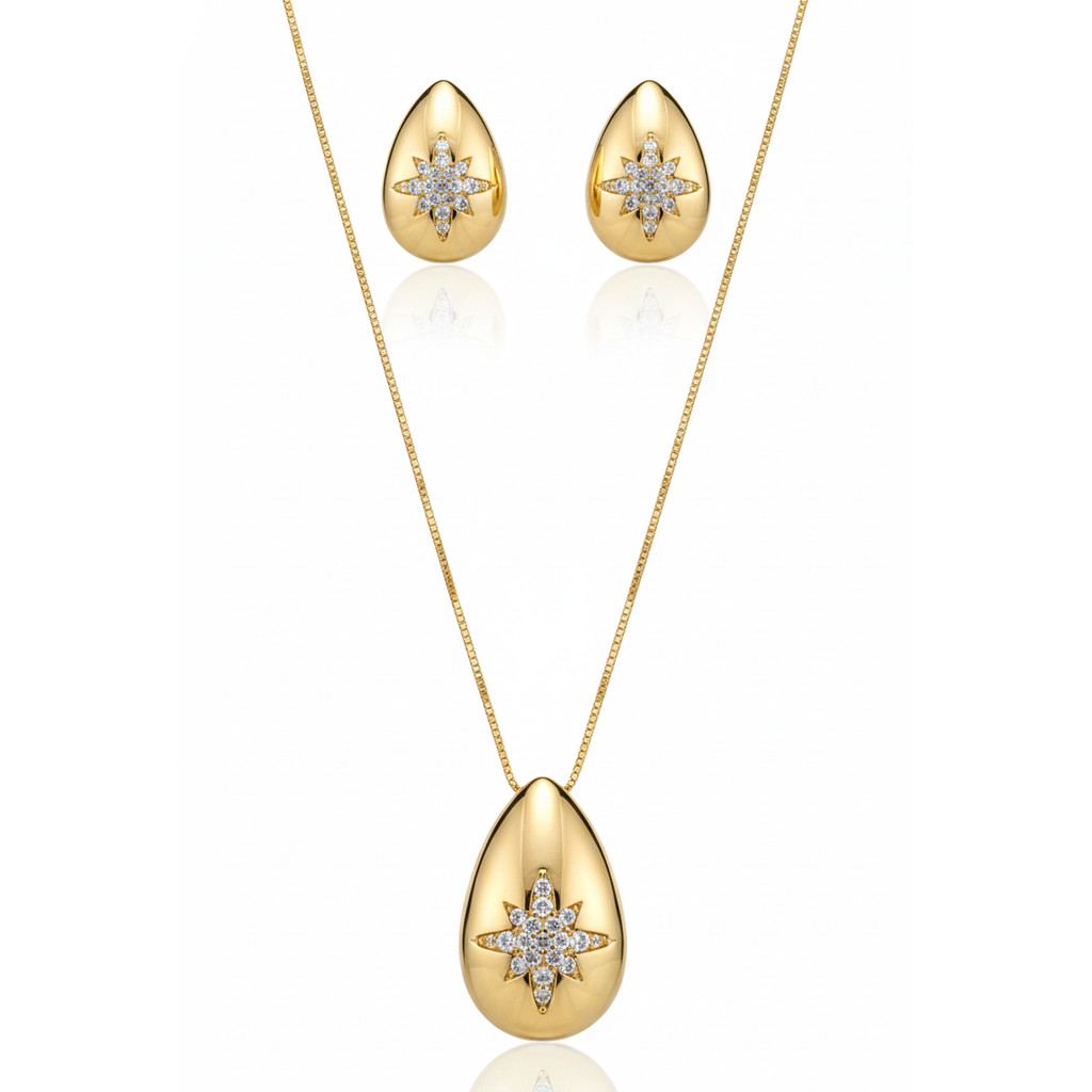 Conjunto Gota Estrela com Cristais Banhado | Feminino | Banhado Ouro 18K | Antialérgico | Semijoia | LABRILHO Joias