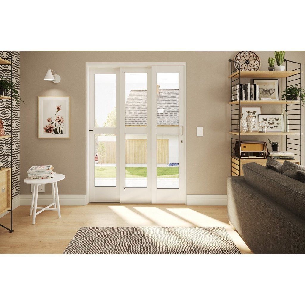 Porta de Aço de Correr 215x152cm 3 Folhas com Vidro Liso Qualitysol Ramassol Branco Esquerda