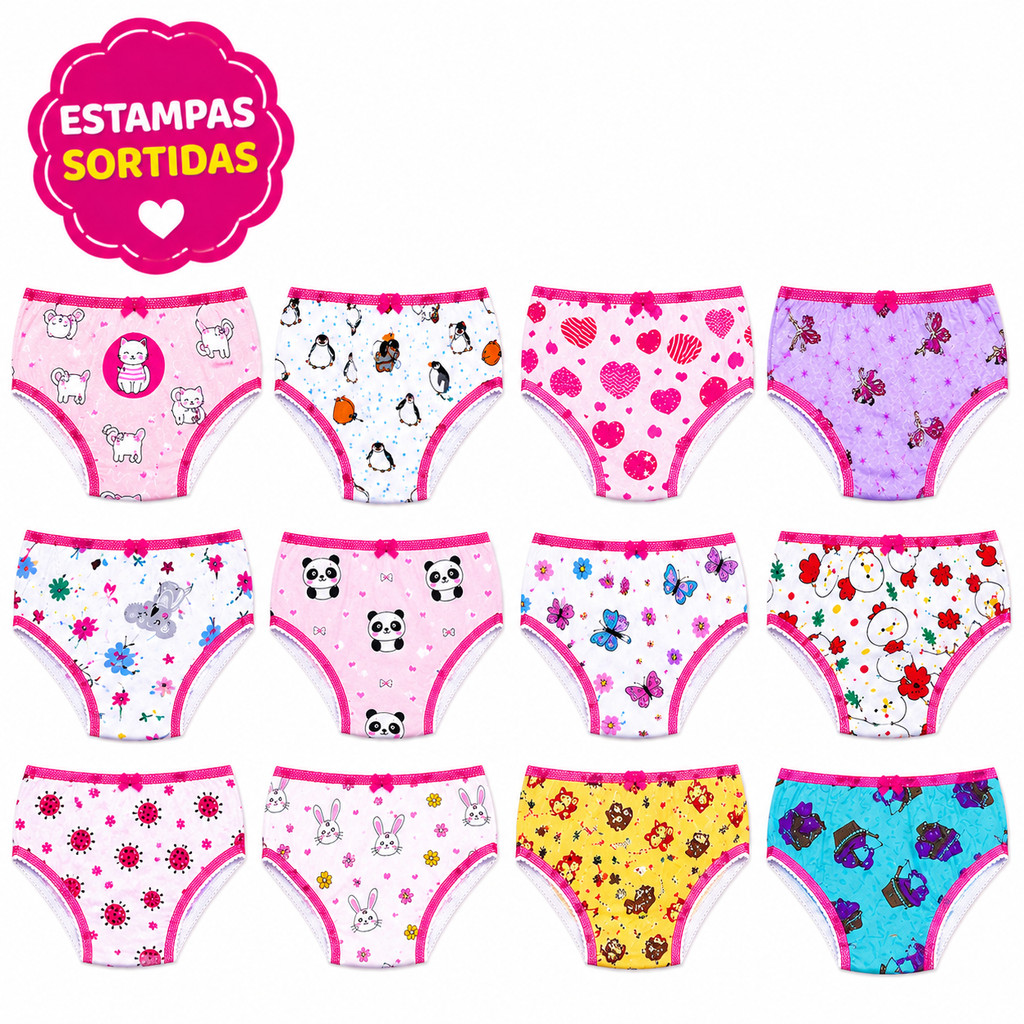Kit 3 até 12 Calcinha Infantil com Forro algodão Estampada De 1 a 9 Anos Conforto meninas criança