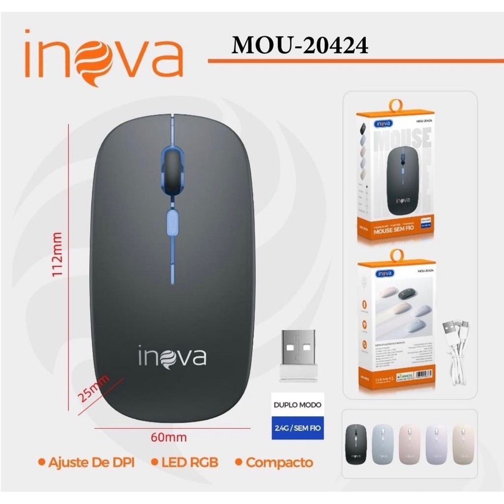 Inova Mouse Sem Fio Com Led Recarregavel  Mou-20424/KA-618