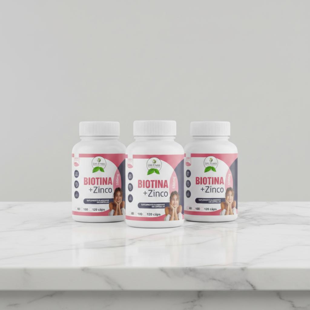 Kit 03 Biotina + Zinco 500mg 60 Cáp Fortalece Unhas, Cabelos e Pele - Metabolismo Energético