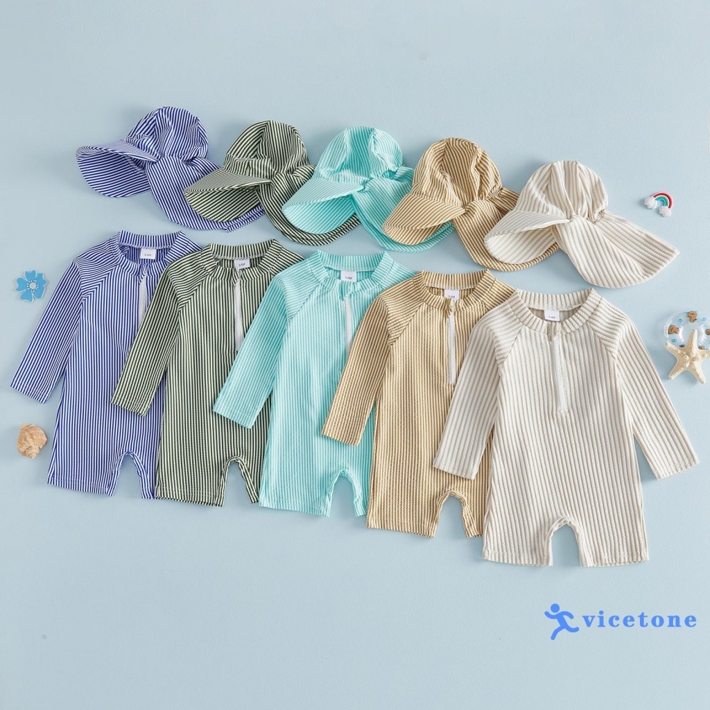 VICETONE-Maiô Para Bebês Meninos Manga Comprida Listras Rash Guard Macacão Com Chapéu Roupa De Banho De Verão