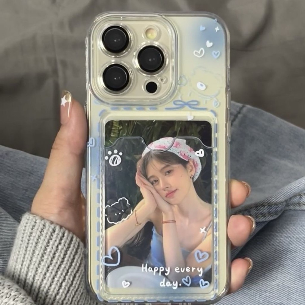 Softcase Anti-impacto Transparente Caso De Telefone Titular Do Cartão Coração Azul iPhone 17 13 15 7 8 11 12 14 16 Pro M