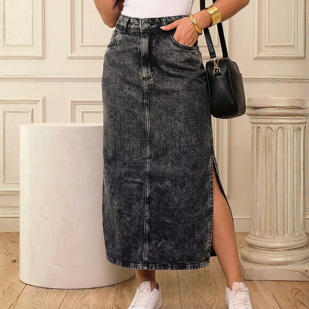 Saia Jeans Feminina Mídi Cintura Alta Cinza Grafiti Fenda Lateral 4 Bolsos Tecido Encorpado Premium